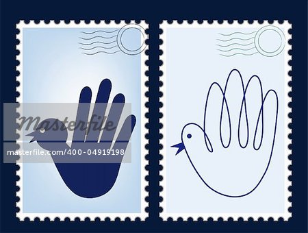 Postage stamp vector, post card. Blank post. Postcard. Mail border, postal frame. Hand image like bird, pigeon, dove.