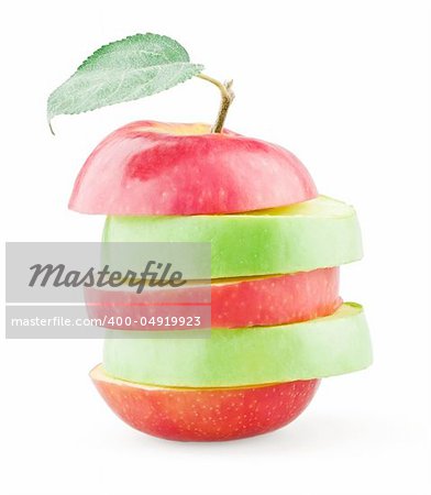 Mixed slices of red and green apple on white background