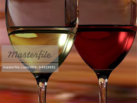 3D Close up of red and white wine