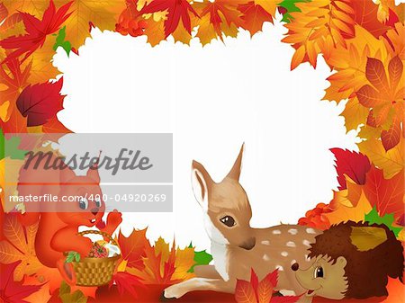 Frame illustration with autumn leaves and squirrel, deer and hedgehog