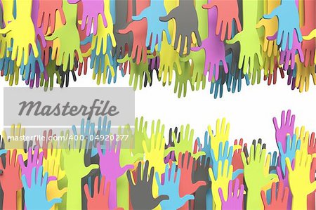 High quality 3d image of a colorful group of hands reaching for another with clipping path