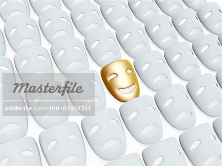 gold comedy one in tragedy masks isolated over white background