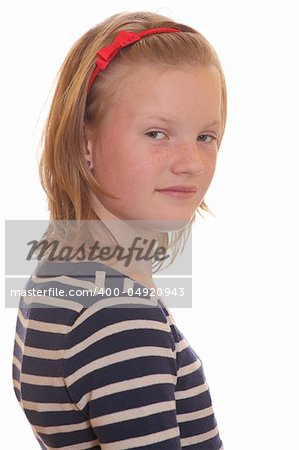 Portrait of a young blond teenage girl on white background