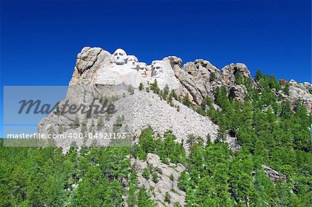 Mount Rushmore National Memorial carved into the peaks of the Black Hills in South Dakota.