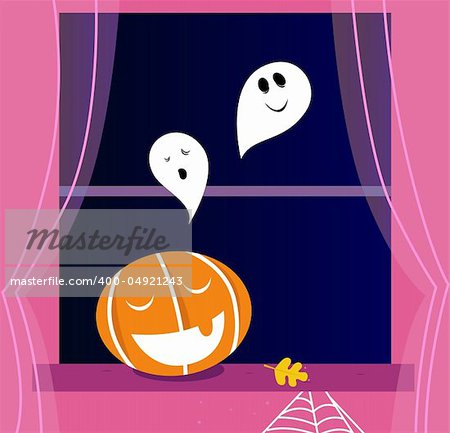 Halloween Night - Indoor scene with Holiday objects. Vector cartoon Illustration.