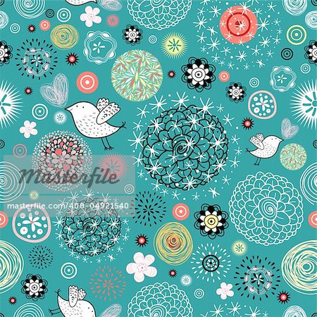 seamless bright floral pattern with birds on a bright background