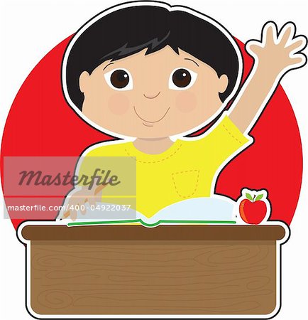 A little Asian boy is raising his hand to answer a question in school - there is a book and an apple on his desk