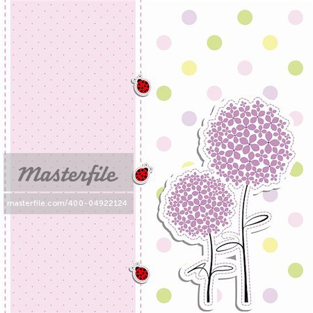 card design purple flowers,ladybirds on polka dot background