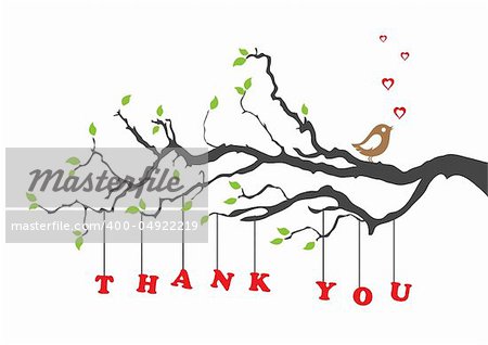 'Thank you' greeting card with bird. This image is a vector illustration.