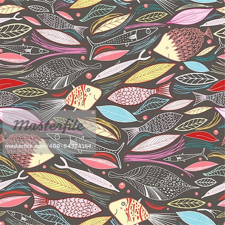 seamless pattern of the fish and leaves a dark brown background