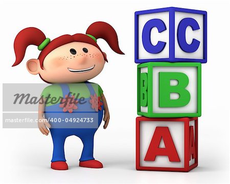 school girl standing next to stack of ABC blocks - high quality 3d illustration