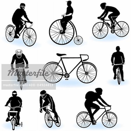 A collection of 9 different bicycling silhouettes over white background.