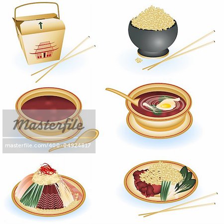 A collection of six different illustrations of Chinese food.