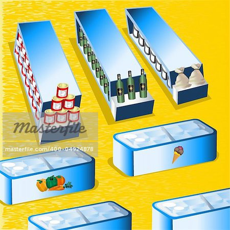 Detailed illustration of a supermarket gondolas, refrigerators and aisles.