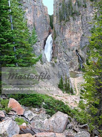 Pocrupine Falls seen through the Bighorn National Forest of Wyoming.