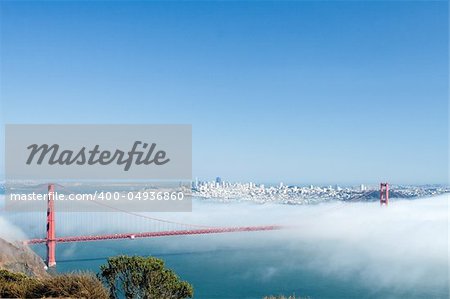 View of the Golden Gate Bridge hidden in clouds