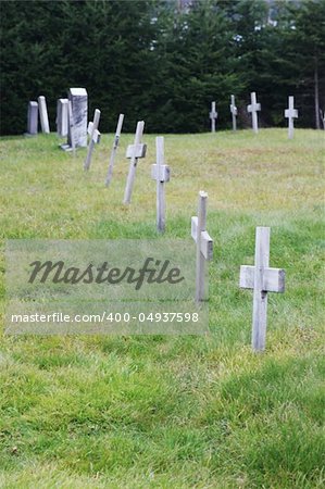 Line of wooden crosses at the countryside graveyard