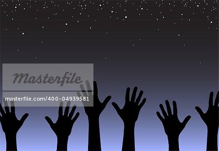 Vector illustration of hand silhouettes reaching for the stars