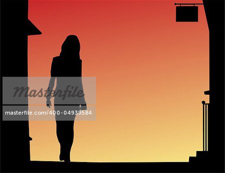 Vector silhouette of young woman walking down a street