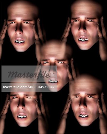 A image of a set of men in terrible expressive pain, possible having a migraine.