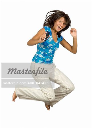 isolated jumping happy woman with cell phone