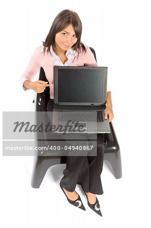 isolated woman sitting; displays computer screen