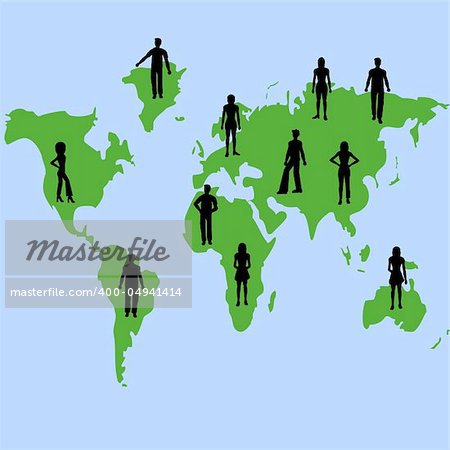 Silhouettes of people on a map of the world