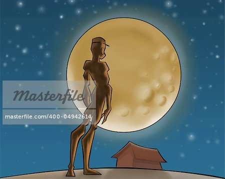 A boy stading and watching the moon