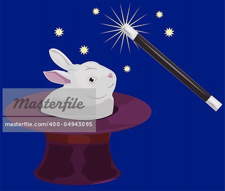 A rabbit appearing out of a tophat and a magic wand
