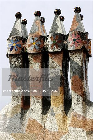 Detail of mosaic rooftop Casa Batllo by Antoni Gaudi Barcelona Spain