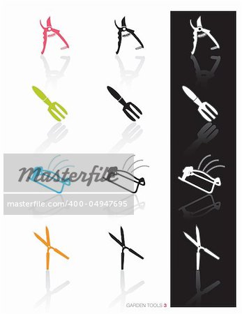 Colorful set of icons of garden tools in 3 styles; Easy edit vector art