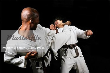 African American versus Caucasian karate fight(kumite) hayashi ha style, black and brown belt, sport series