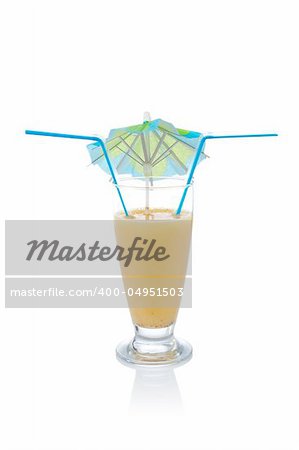 A fresh and nutritious vanilla milkshake with umbrella and two straws  reflected on white background