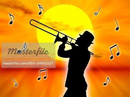 A trumpet player in the sunset against the sun