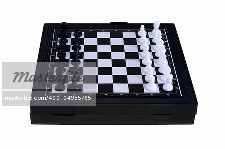 Compact Chess Board Set Up to Begin a Game. Isolated on White