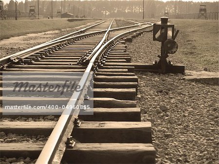 Traintracks in Auschwitz II-Birkenau concentration camp in Poland