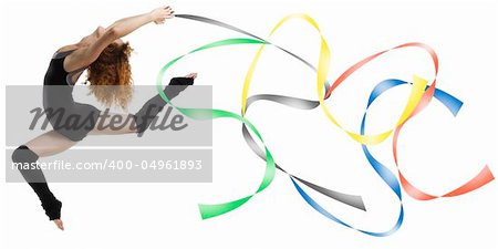 a modern dancer with black dress jumping with colored strings Olympic color
