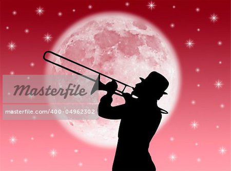 A trumpet player in the night against the moon