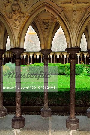 Cloister garden in Mont Saint Michel abbey in France