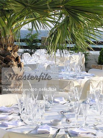 table set up, catering at wedding reception outdoors