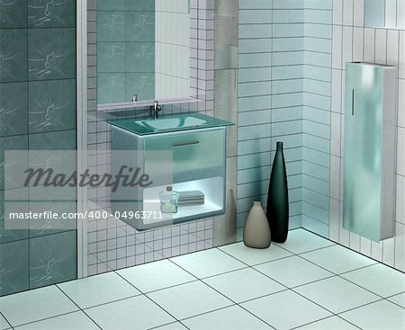 3D rendering of a modern bathroom with glass vanity.    The photo on the wall is my own photograph