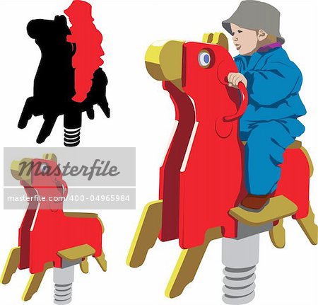 Vector illustration of child riding rocking horse in playground