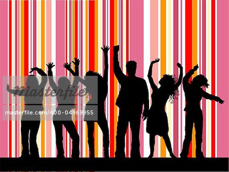 Silhouettes of people dancing on retro background