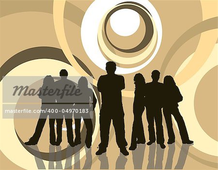 Group of young people on retro background