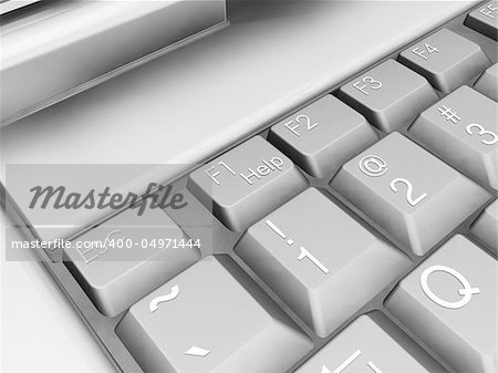 3D render of a laptop keyboard with focus on help key