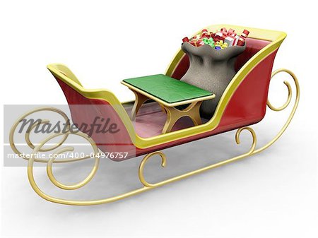 3D render of Santas sleigh with a sack of gifts