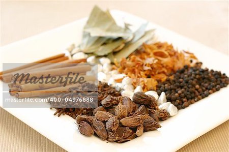 An assortment of fragrant, richly flavored spices - bay leaves, mace, peppercorns, black pepper, silver cardamom pods, cloves and cinnamon. Focus on the large cardamom pods.