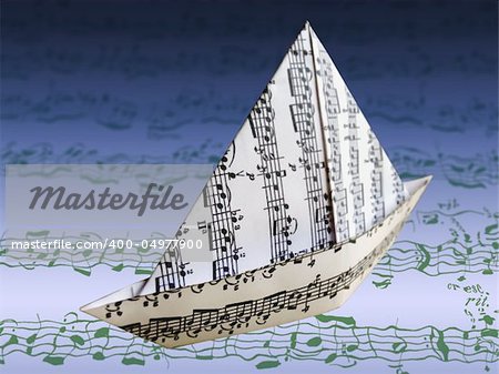 paper boat made from sheet music, floating on a sea of wavy sheet music
