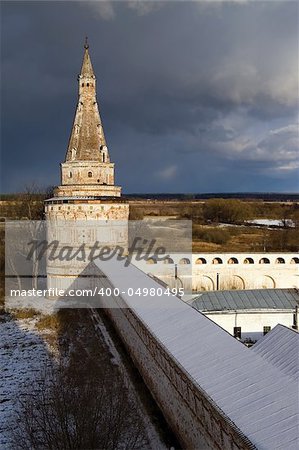 View at walls, tower and vicinity of St. Joseph monastery near Moscow, Russia. The cloister was founded in XV century.
