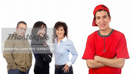 A smiling boy and casual clothes group isolated over a white background